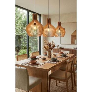 Imagem de Luminária Pendente Grande Madeira MDF Aletado Sala 3 Peças - Pink Boar