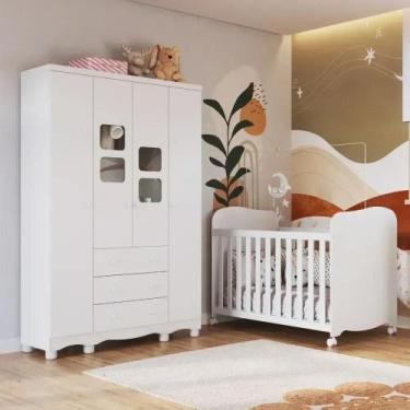 Imagem de Quarto de Bebê Guarda-Roupa 4 Portas com Janelas e Berço 100% MDF Mimo
