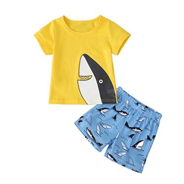 Imagem de Roupas de tubarão estampadas para bebês para o verão camiseta amarela e calça azul Roupas de praia para bebês recém-nascidos de 3 a 24 meses(B)