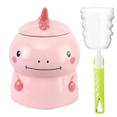 Imagem de Caneca de dinossauro com colher para crianças, caneca 3D rosa, copo de leite para pesca, copo de café de cerâmica, para casa (sorriso rosa de dinossauro, 450 ml)