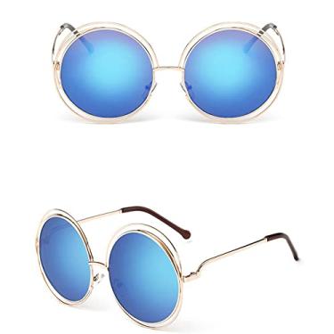 Imagem de Vintage redondo tamanho grande lente espelho óculos de sol feminino designer armação de metal senhora óculos de sol senhora, 9, ouro, azul, outros