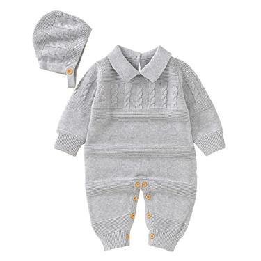 Imagem de Macaquinho de malha de algodão para bebês recém-nascidos com manga comprida para meninos e meninas (cinza, 0 a 3 meses)
