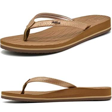 Imagem de KUAILU Chinelo feminino de tapete de ioga confortável com suporte de arco antiderrapante e tiras de couro modernas para uso ao ar livre, verão e praia, Cáqui claro, 8