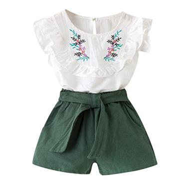 Imagem de Mercatoo Conjunto de tops + shorts camiseta de bebê com babados 2 peças para menina floral infantil bordado roupas de verão camisetas da moda para meninas adolescentes (verde, 2-3 anos)
