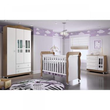 Imagem de Quarto de Bebê Guarda Roupa 3 Portas, Cômoda Fraldário e Berço Mirelle Carolina Baby Branco/Amadeirado