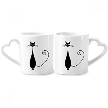 Imagem de Adorável conjunto de canecas de porcelana para casais amantes de gatos pretos com desenho de animal e alça de coração