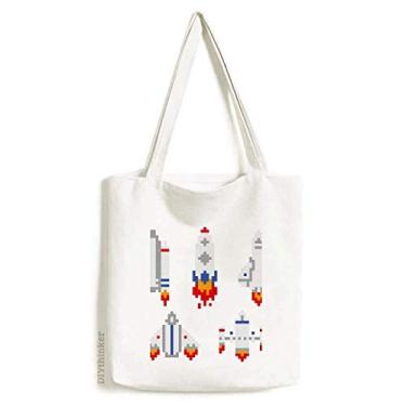 Imagem de Bolsa de lona casual Space Ship Rocket Astronomy Pixel bolsa de compras bolsa casual