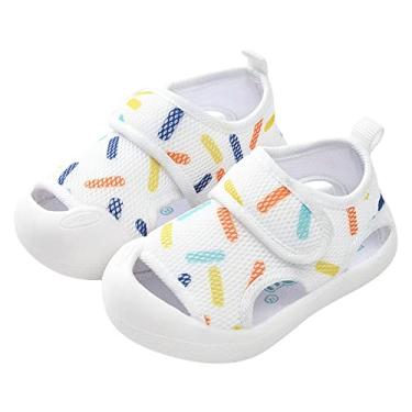 Imagem de Sandálias infantis de verão para meninos e meninas, sola plana, antiderrapante, meio aberto, sapatos para recém-nascidos respiráveis (branco, 6,5 infantil)