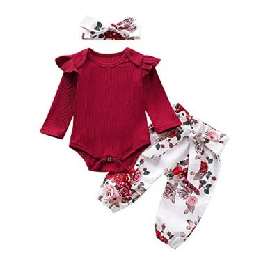 Imagem de Body + calça floral feminina lisa + faixa de cabeça macaquinho para bebês roupas infantis com babados e conjunto de roupas para meninas, Vermelho, 3-6 meses