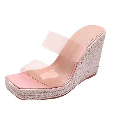 Imagem de Sandálias de plataforma para mulheres verão cunhas transparentes chinelos de palha sapatos de tecido de palha tamanho grande salto ultra alto casual (rosa, 8,5)