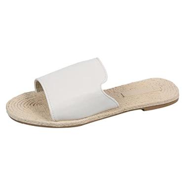 Imagem de Sandálias planas moda verão bico aberto palha fundo plano simples praia uso externo casual feminino sandálias tamanho grande (branco, 7,5)