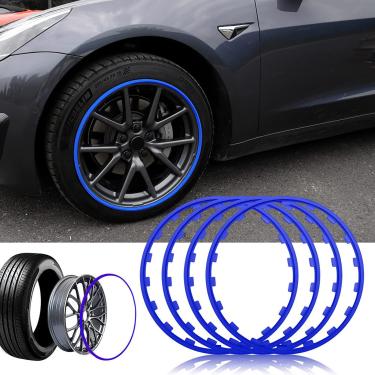 Imagem de ZILOOK Protetores de aro de carro, 4 peças de guarnição de anel de guarnição de roda, ferramenta universal de proteção de roda, para Te-Sl-A Model 3, Sedan, Coupe e SUV, azul-50,8 cm