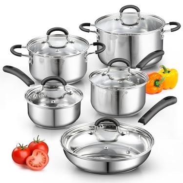 Imagem de Cook N Home Conjunto de panelas de aço inoxidável, 10 peças, panelas e frigideiras com alças Stay-Cool Conjunto de cozinha para cozinha, lavável na lava-louças, prata