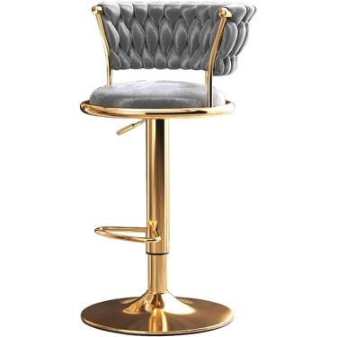 Imagem de Cadeira de bar giratória, com perna dourada e encosto estofado de veludo, para banco alto de balcão de cozinha de restaurante, altura ajustável 54-74 cm, cinza