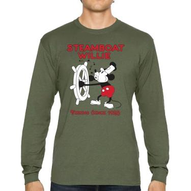 Imagem de Camiseta de manga comprida Steamboat Willie Vibing Since 1928 icônica retrô desenho animado mouse atemporal clássico vintage Vibe, Verde militar, XXG
