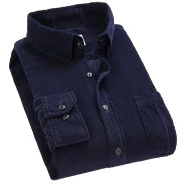 Imagem de Camisa de veludo cotelê de algodão manga longa masculina roupas casuais abotoadas outono inverno camisas quentes, Azul marinho, GG