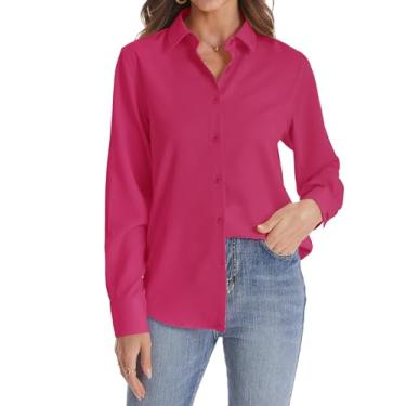 Imagem de J.VER Camisa feminina de botão manga longa sem rugas leve de chiffon sólido blusa de trabalho, Vermelho rosa, GG