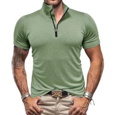 Imagem de Nuofengkudu Camisa polo masculina casual de manga curta com zíper e gola solóide, Verde, GG