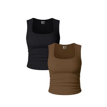Imagem de OQQ Camiseta regata feminina de 2 peças, sem mangas, franzida, gola quadrada, elástica, básica, Preto, café, M