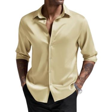 Imagem de Runcati Camisa social masculina de cetim de seda de manga comprida com botões de luxo para festas de negócios, Champanhe, M