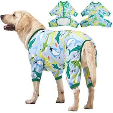 Imagem de LovinPet Camisa de recuperação cirúrgica para cães grandes, camiseta para casacos de cães, macacão leve de malha elástica, pijamas para cães com estampa turquesa Big Bites, proteção UV, pijamas para