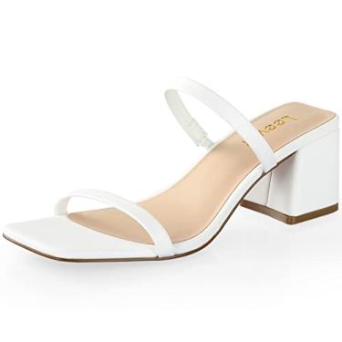 Imagem de Leevar Sandálias de salto quadrado para mulheres – Sandálias femininas de salto baixo – 5,5 cm de bico aberto com tira no tornozelo salto grosso – Sandália de salto sem cadarço Mule- salto de tiras pretas nude para festa e casamento, Poliuretano branco, 8