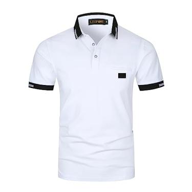Imagem de LIUPMWE Camisas polo masculinas com bolso elegante xadrez manga curta algodão camiseta de golfe, Yt39 Branco, M
