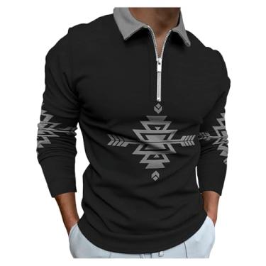 Imagem de Camisa polo masculina estampa tribal digital 3D pulôver meio zíper frontal manga longa, Preto, XG