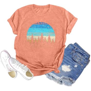 Imagem de Camiseta feminina Sunset Pine Tree, estampa retrô, estampa de sol, casual, manga curta, A-S Laranja, P