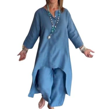 Imagem de Conjunto casual de 2 peças para mulheres, roupa maxi de linho de manga comprida, calça de perna larga, conjunto de roupa de treino combinando de linho de verão, Azul claro, XX-Large
