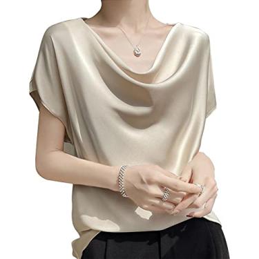 Imagem de KYLASIEN Blusas femininas de cetim de seda plissadas gola drapeada manga curta 2023 camisetas casuais túnica tops, A-champagne, XXG