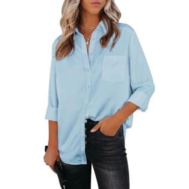 Imagem de Aoudery Camisas femininas de botão, manga comprida, gola sem rugas, gola V, trabalho, escritório, túnica, tops de chiffon, Azul claro, XG