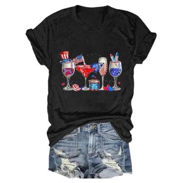 Imagem de Camiseta feminina de 4 de julho com estampa de taças de vinho, bandeira dos EUA, patriótica, gola redonda, manga curta, Preto, XX-Large