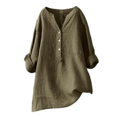 Imagem de Camisas de linho para mulheres, casuais, soltas, gola V, manga comprida, túnica de verão, com botões, cor sólida, roupas básicas grandes, Bronze, 4XG