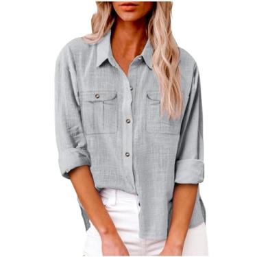 Imagem de Camisa feminina de linho 2024 verão casual manga longa enrolada cor sólida gola V botão blusa túnica com bolso, Cinza, GG