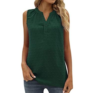 Imagem de Camiseta regata feminina de verão sem mangas de chiffon casual 2024 Swizz Dot Loose Dressy V Neck Work Shirt, Verde, XG