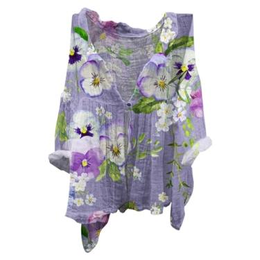Imagem de Camisas de linho femininas com estampa floral, tamanho grande, solta, túnica, casual, para sair, camisas elegantes, Roxa, XG