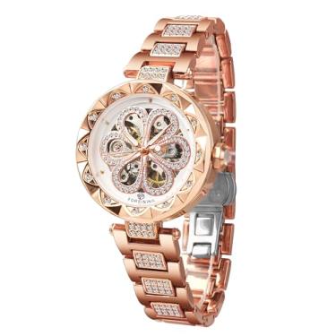 Imagem de FORSINING Relógio feminino mecânico automático esqueleto steampunk com diamante e flor esculpida relógio frio para mulheres minimalista design retrô relógio de pulso esqueleto mecânico transparente,