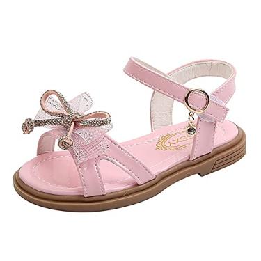 Imagem de Sandálias para meninas da moda primavera verão sandálias infantis para meninas Flat Open Toe Strass sólido laço estilo princesa, rosa, 6.5 Big Kid