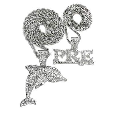 Imagem de BLINGFACTORY Joias Hip Hop Banhado a Prata Gelada Pingente PRÉ & DOLFINHO e Caixa de 51 cm, Conjunto de 2 Colares de Corrente Cubana de 61 cm, Liga banhada a ouro branco, Zircônia cúbica