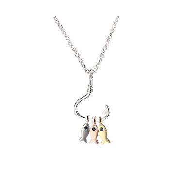 Imagem de Caiyao Colar com pingente criativo de três peixes no anzol, colar divertido de pesca na moda para mulheres joias