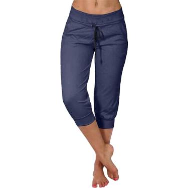 Imagem de Macacões femininos casuais de verão nova calça elástica cropped casual para mulheres moda calça de cintura alta para mulheres, Azul marino, XGG