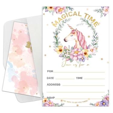 Imagem de Lhbfsaz Convites de festa mágica de unicórnio, 15 convites com envelopes, convites de aniversário com tema de unicórnio, convites de festa de reunião, celebração de festa infantil, chá de bebê, dupla