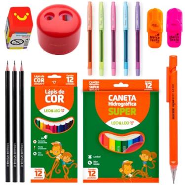 Imagem de Kit Material Escolar Infantil Canetinha Lápis de Cor Apagável Marca Texto Apontador Borracha - Leo e Leo (Vermelho)