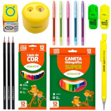Imagem de Kit Material Escolar Infantil Canetinha Lápis de Cor Apagável Marca Texto Apontador Borracha - Leo e Leo (Amarelo)