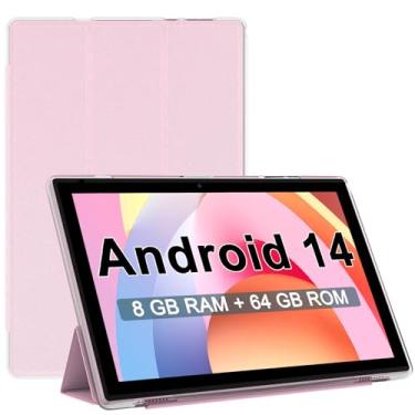 Imagem de Tablet Android 14, tablets de 10 polegadas com capa, 8 GB de RAM + 64 GB ROM/1 TB expansível, processador quad-core de 1,8 GHz, tablet HD 1280 x 800 IPS, câmera dupla 2 MP + 8 MP, bateria de 6000 mAH