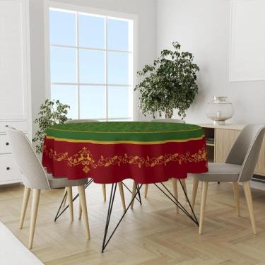 Imagem de Toalha De Mesa Redonda Natal vermelho verde e dourado flocos de neve -