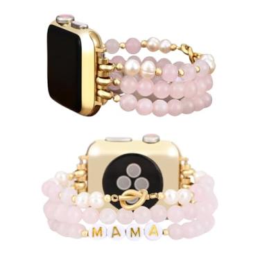 Imagem de Cape Diablo Pulseira feminina para relógio inteligente - Pulseira feita à mão de quartzo rosa Motherly Love - compatível com Apple Faces de 38 mm-45 mm (pequena - 13,3-14,7 cm e esticável)