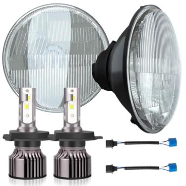 Imagem de NSDXCT Farol de vidro led de 17,8 cm caixa de lente redonda + lâmpadas de farol H4/9003, lente transparente 17,8 cm H6024 farol redondo selado carcaça de vidro de feixe alto baixo, 4 peças