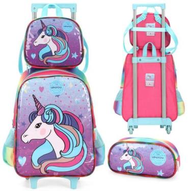 Imagem de Mochila Infantil Rodinhas Unicórnio UP4You com Lancheira e Estojo Azul